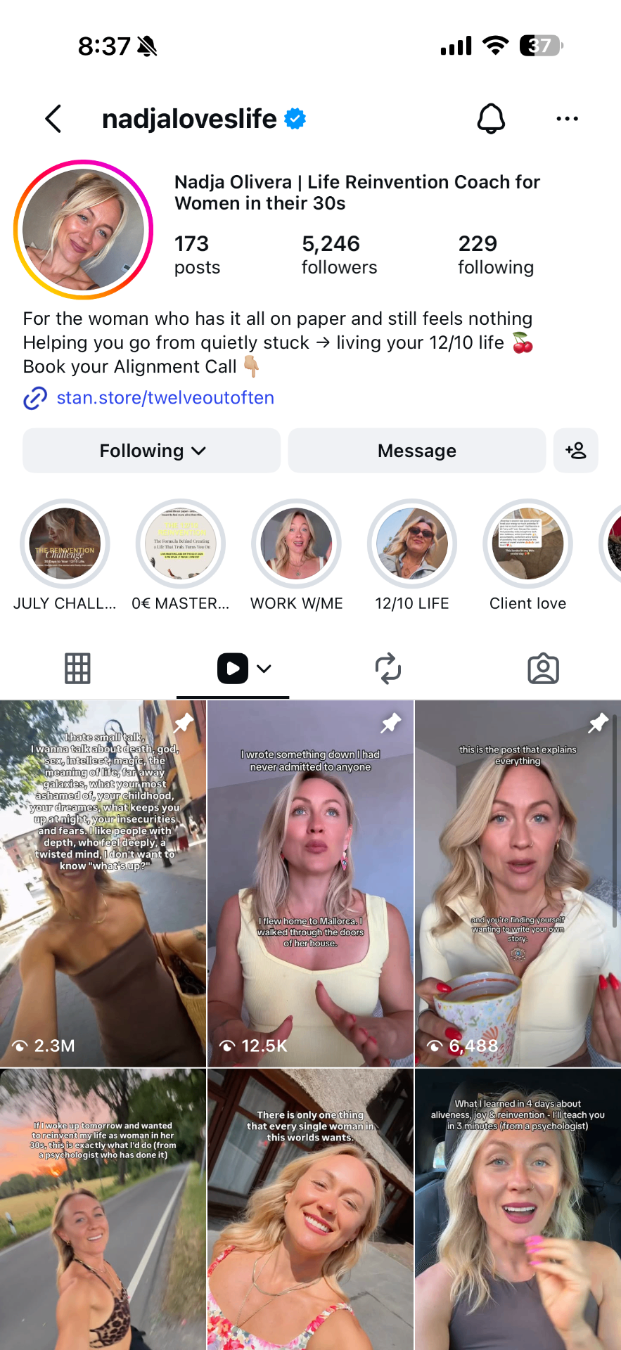 Nadja's Instagram profile after — 5,246 followers with 2.3M-view video