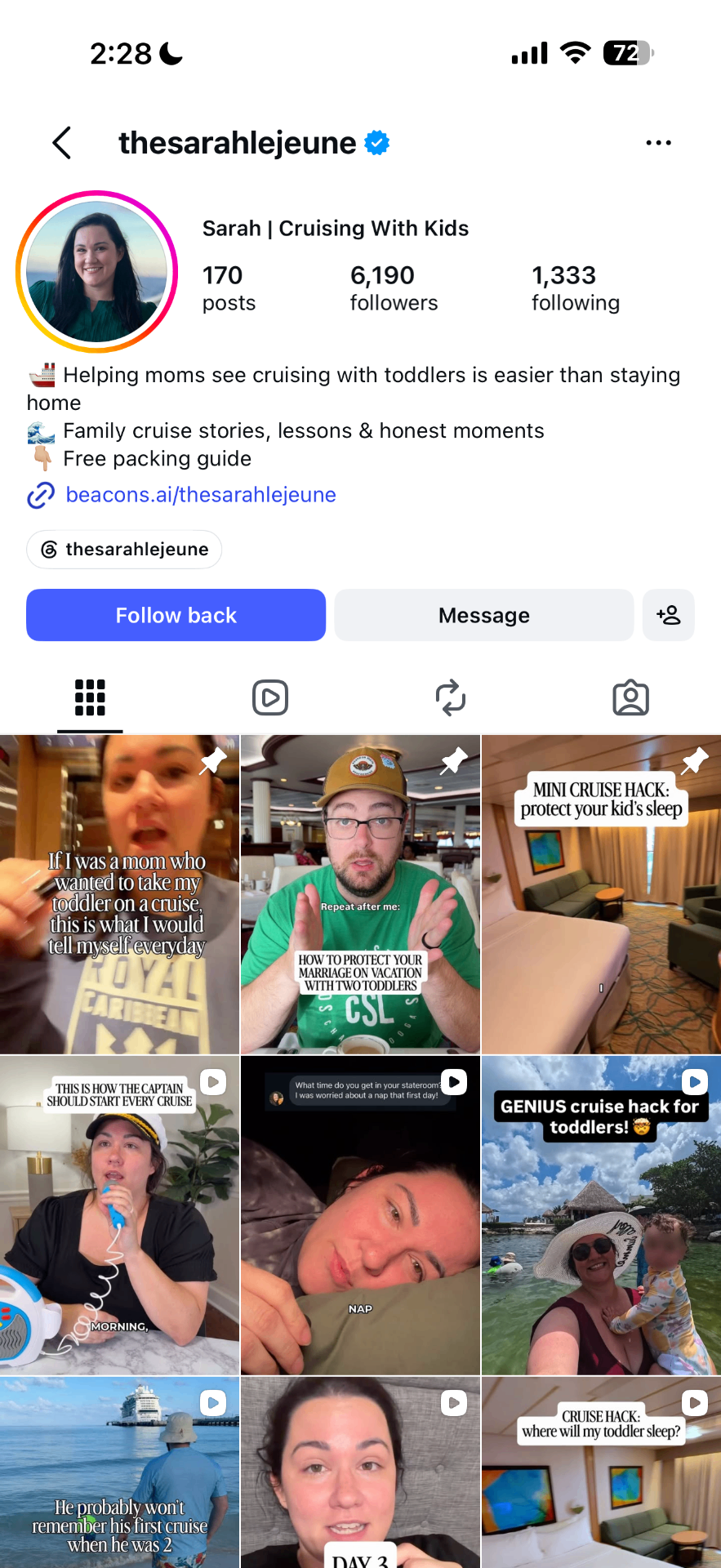 Sarah's Instagram profile after the challenge — 6,190 followers