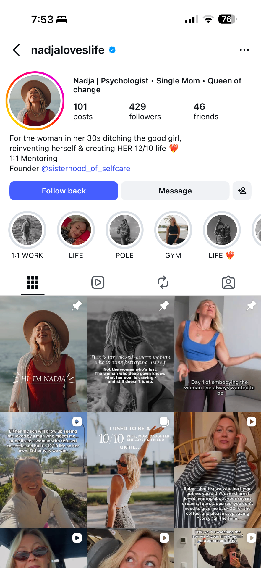 Nadja's Instagram profile before — 429 followers