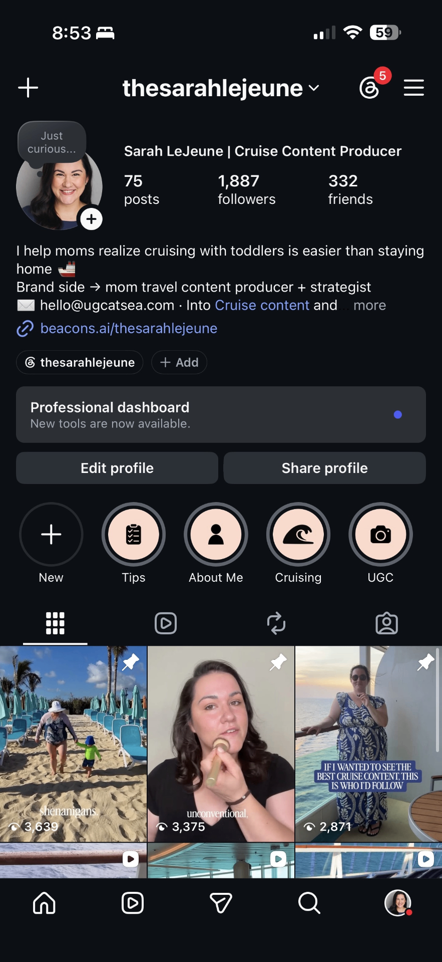 Sarah's Instagram profile before the challenge — 1,887 followers