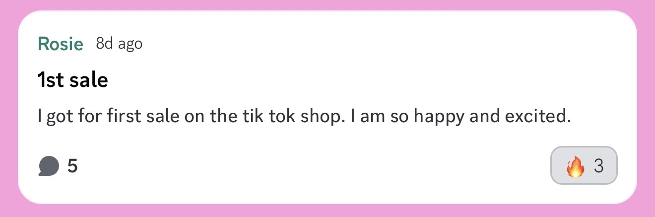 Rosie sharing her first TikTok Shop sale in the community