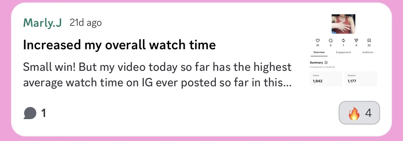 Marly.J sharing her highest average watch time on Instagram