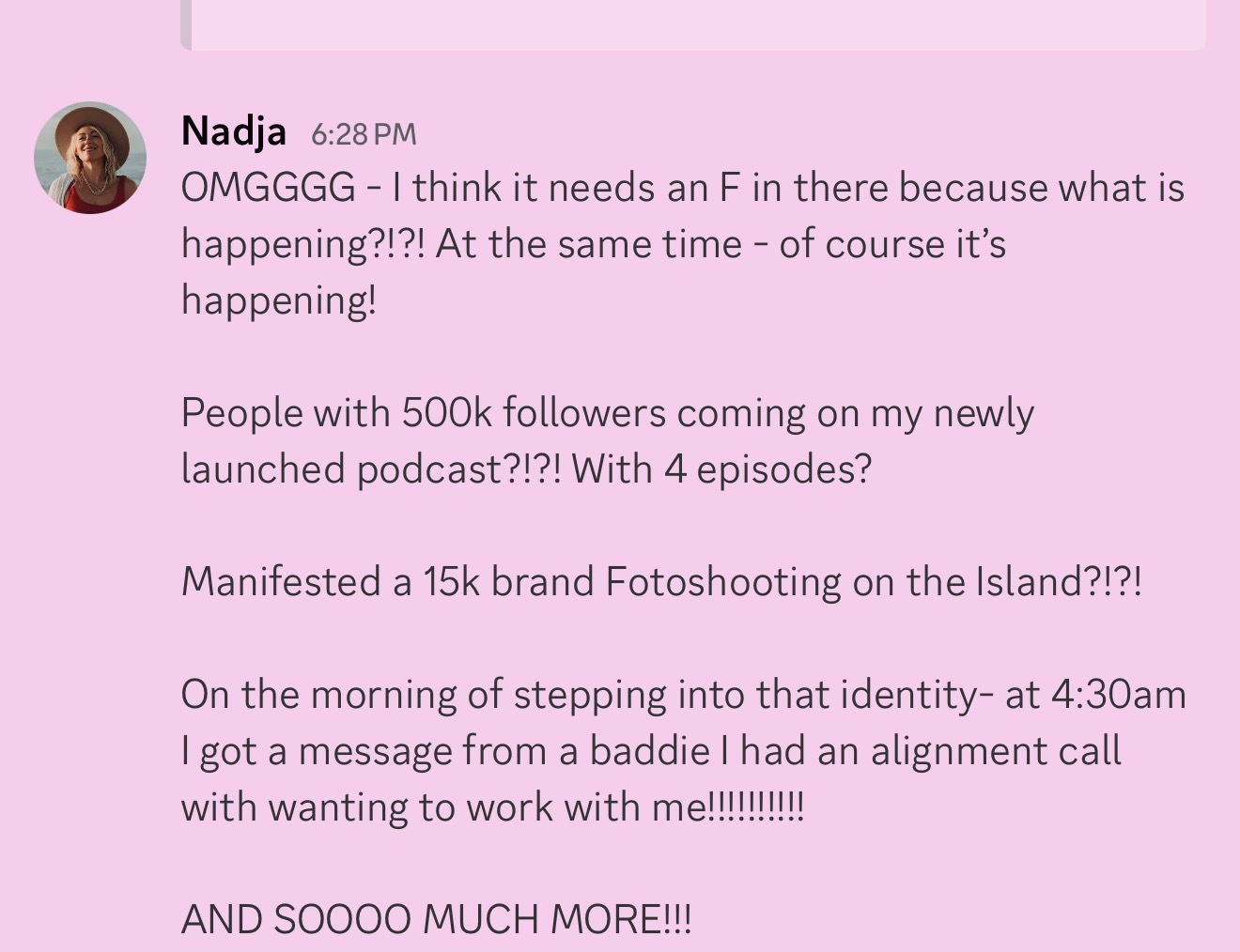 Nadja's testimonial message about podcast deals and manifesting